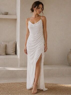 Chic White Ruched Maxi Dress